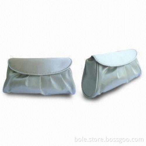 Satin Cosmetic Bag with Flap/Snap for Closure, Pleat at Front and Piping at 2 Sides